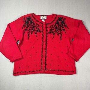 Vintage Tiara International Red Blk Beaded embroidered Cardigan Sweater Women L